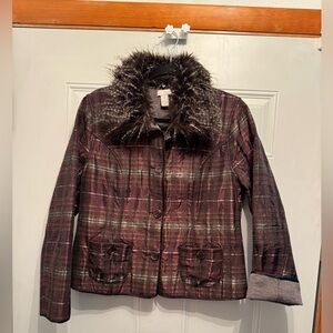 CHICOS Reversible Solid Gray or Burgundy Plaid Faux Fur Collar Jacket SZ. 1 med